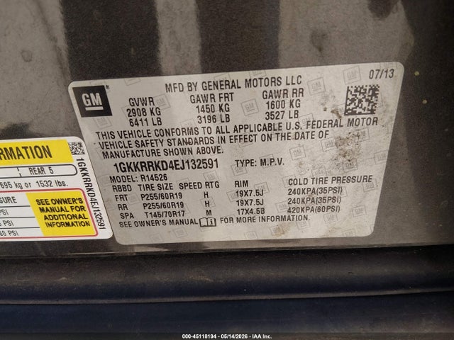45118194 :رقم المزاد ، 1GKKRRKD4EJ132591 vin ، 2014 Gmc Acadia Slt-1 مزاد بيع