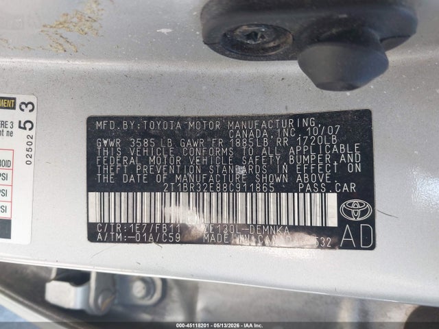 Aukcja sprzedaży 2008 Toyota Corolla Le, vin: 2T1BR32E88C911865, numer aukcji: 45118201