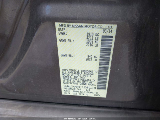 Продажа на аукционе авто 2014 Nissan Altima 2.5 S, vin: 1N4AL3AP0EC324120, номер лота: 45118202