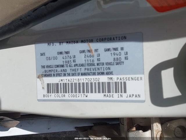 Aukcja sprzedaży 2001 Mazda Millenia P (premium), vin: JM1TA221811702302, numer aukcji: 45118212