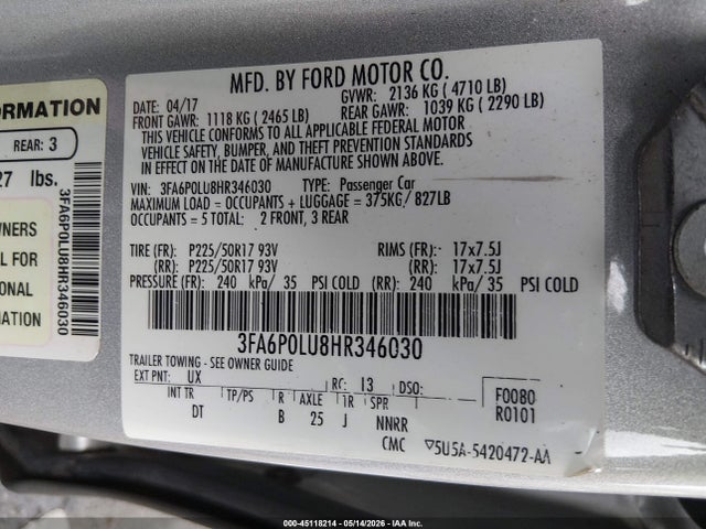 Продаж на аукціоні авто 2017 Ford Fusion Hybrid Se, vin: 3FA6P0LU8HR346030, номер лоту: 45118214