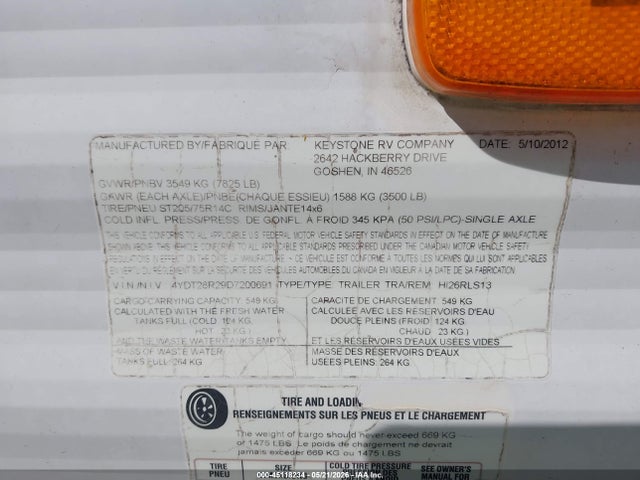45118234 :رقم المزاد ، 4YDT26R29D7200691 vin ، 2013 Keystone Rv Other مزاد بيع