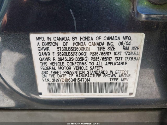 Продаж на аукціоні авто 2004 Acura Mdx, vin: 2HNYD18634H547314, номер лоту: 45118249