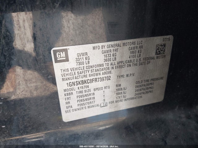 Aukcja sprzedaży 2015 Chevrolet Tahoe Lt, vin: 1GNSKBKC8FR739702, numer aukcji: 45118261