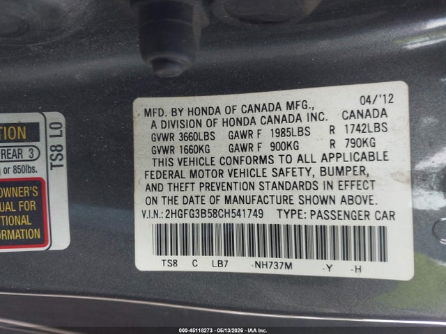 45118273 :رقم المزاد ، 2HGFG3B58CH541749 vin ، 2012 Honda Civic Lx مزاد بيع