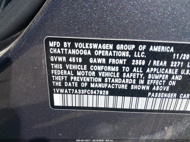 Aukcja sprzedaży 2015 Volkswagen Passat 1.8t Wolfsburg Edition, vin: 1VWAT7A33FC047928, numer aukcji: 45118277