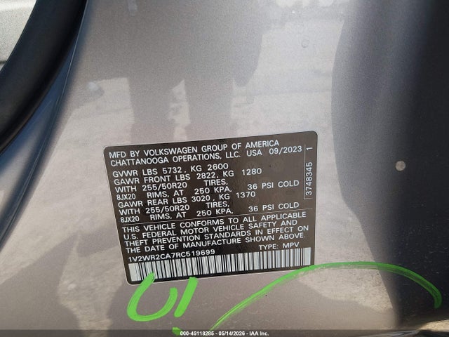 45118285 :رقم المزاد ، 1V2WR2CA7RC519699 vin ، 2024 Volkswagen Atlas 2.0t Se W/technology مزاد بيع