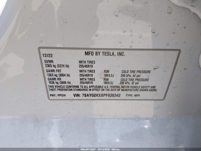 Aukcja sprzedaży 2023 Tesla Model Y Awd/long Range Dual Motor All-wheel Drive, vin: 7SAYGDEE8PF630342, numer aukcji: 45118287