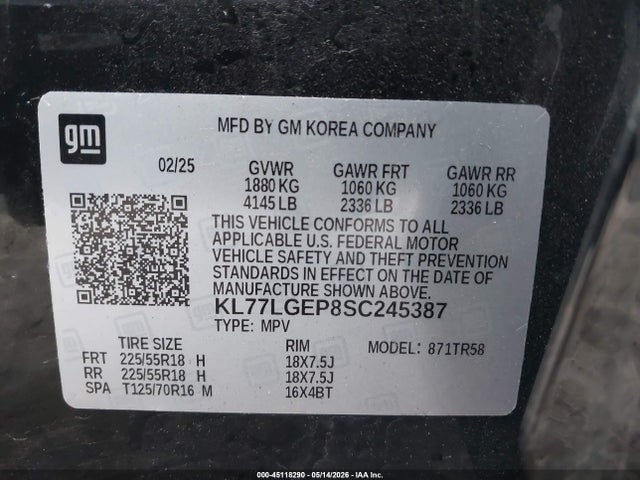 Aukcja sprzedaży 2025 Chevrolet Trax Fwd 1rs, vin: KL77LGEP8SC245387, numer aukcji: 45118290