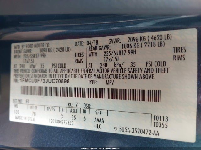 Ford ESCAPE S 2018 1FMCU0F73JUC70898 Image 9