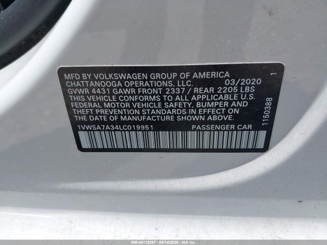 Aukcja sprzedaży 2020 Volkswagen Passat 2.0t Se, vin: 1VWSA7A34LC019951, numer aukcji: 45118297