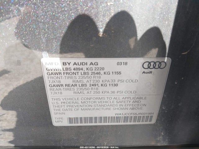 45118298 :رقم المزاد ، WA1JCCFS5JR031984 vin ، 2018 Audi Q3 2.0t Premium/2.0t Sport Premium مزاد بيع