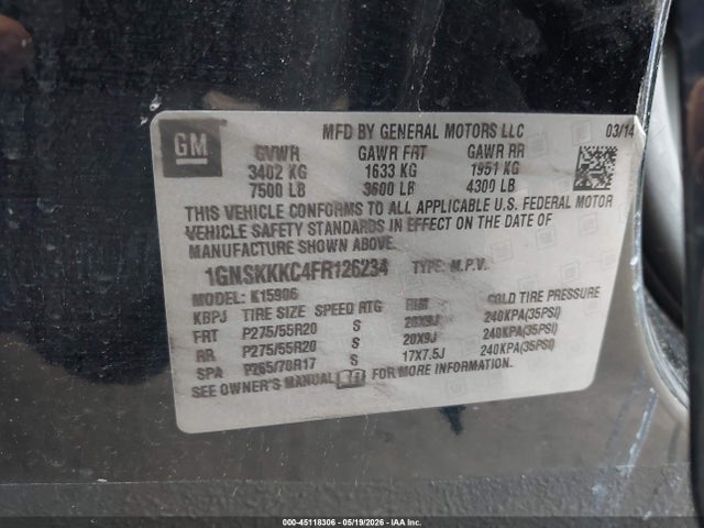 2015 Chevrolet Suburban 1500 Ltz მანქანა იყიდება აუქციონზე, vin: 1GNSKKKC4FR126234, აუქციონის ნომერი: 45118306