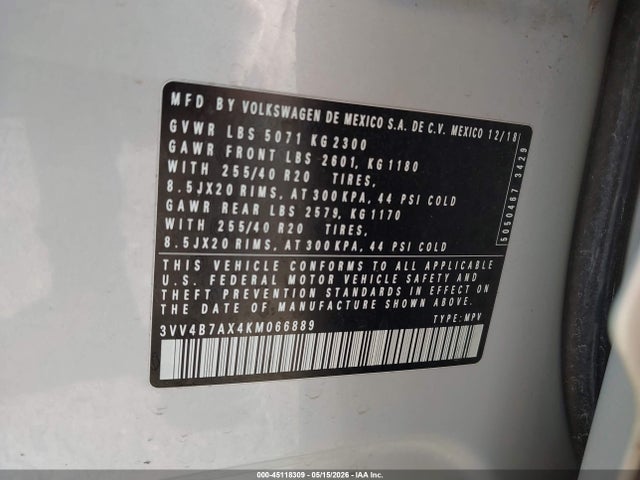 45118309 :رقم المزاد ، 3VV4B7AX4KM066889 vin ، 2019 Volkswagen Tiguan 2.0t Sel Premium/2.0t Sel Premium R-line مزاد بيع
