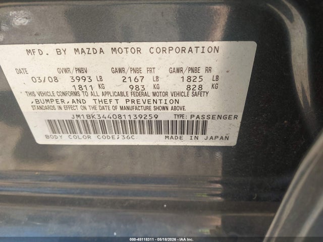 Auction sale of the 2008 Mazda Mazda3 S Touring, vin: JM1BK344081139259, lot number: 45118311