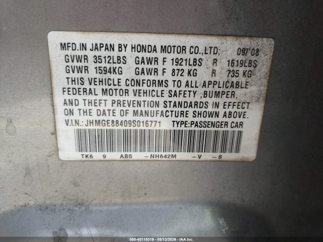 Продажа на аукционе авто 2009 Honda Fit Sport, vin: JHMGE88409S016771, номер лота: 45118319