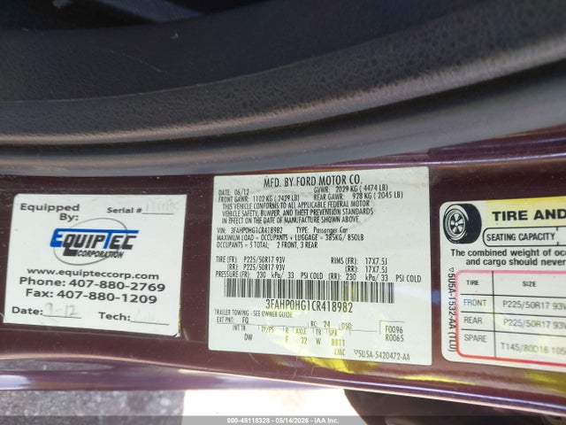 Aukcja sprzedaży 2012 Ford Fusion Se, vin: 3FAHP0HG1CR418982, numer aukcji: 45118328