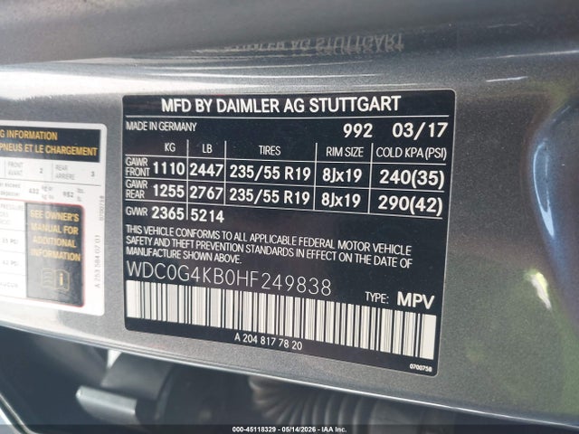 Aukcja sprzedaży 2017 Mercedes-benz Glc 300 4matic, vin: WDC0G4KB0HF249838, numer aukcji: 45118329