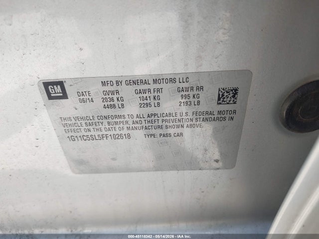 45118342 :رقم المزاد ، 1G11C5SL5FF102618 vin ، 2015 Chevrolet Malibu 1lt مزاد بيع