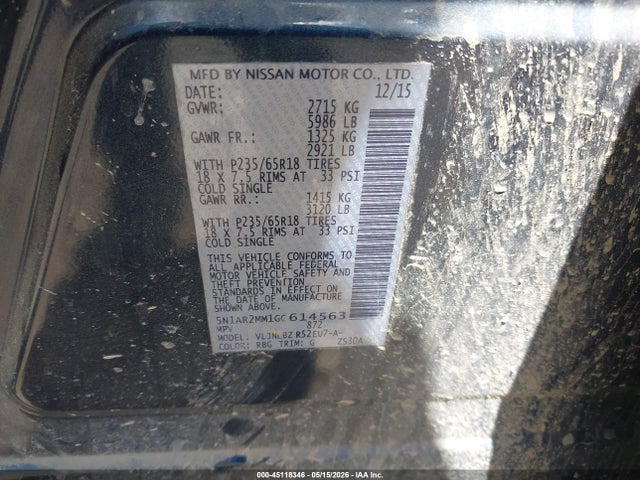 45118346 :رقم المزاد ، 5N1AR2MM1GC614563 vin ، 2016 Nissan Pathfinder S مزاد بيع