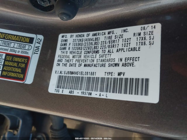 45118353 :رقم المزاد ، 5J6RM4H51EL091881 vin ، 2014 Honda Cr-v Ex مزاد بيع