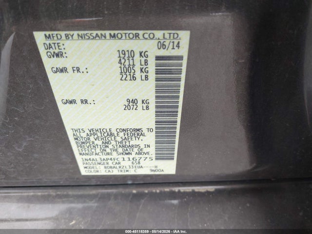 Aukcja sprzedaży 2015 Nissan Altima 2.5 Sl, vin: 1N4AL3AP4FC116775, numer aukcji: 45118359