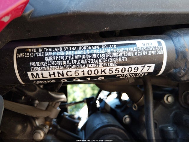 Продажа на аукционе авто 2019 Honda Cbr300 R, vin: MLHNC5100K5500977, номер лота: 45118362