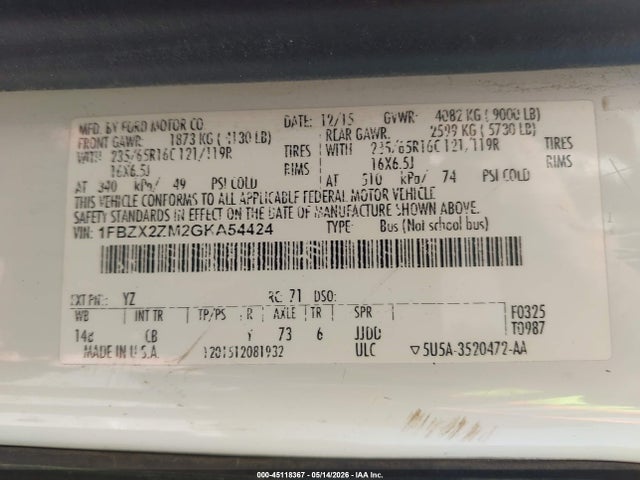45118367 :رقم المزاد ، 1FBZX2ZM2GKA54424 vin ، 2016 Ford Transit-350 Xlt مزاد بيع