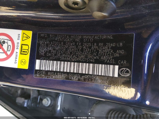 Продаж на аукціоні авто 2017 Lexus Es 350, vin: 58ABK1GGXHU075146, номер лоту: 45118373