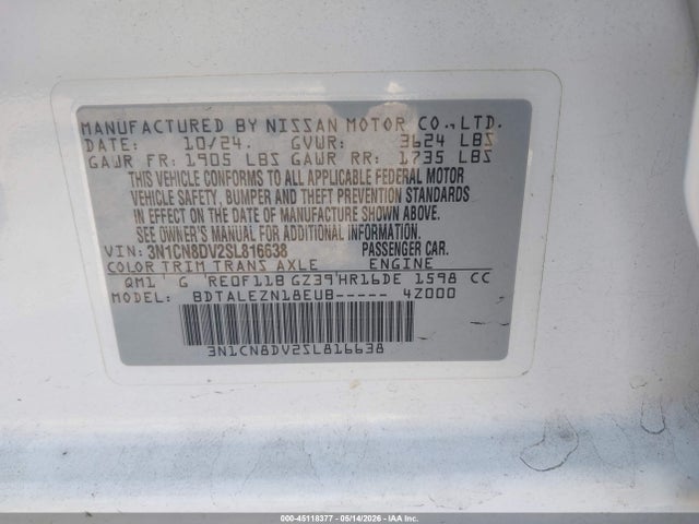 45118377 :رقم المزاد ، 3N1CN8DV2SL816638 vin ، 2025 Nissan Versa 1.6 S مزاد بيع