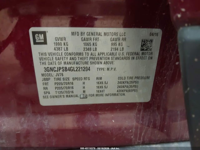 Aukcja sprzedaży 2016 Chevrolet Trax Lt, vin: 3GNCJPSB4GL221204, numer aukcji: 45118379