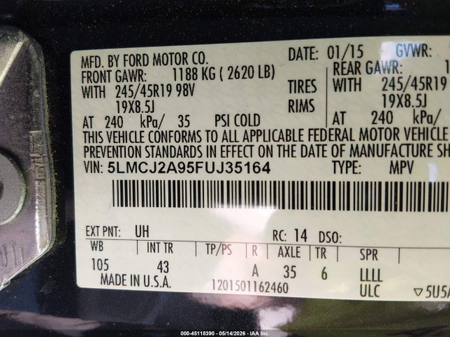 2015 Lincoln Mkc მანქანა იყიდება აუქციონზე, vin: 5LMCJ2A95FUJ35164, აუქციონის ნომერი: 45118390