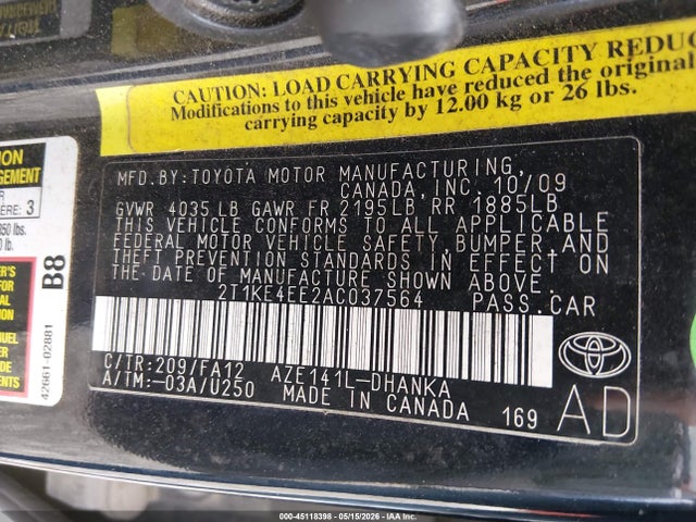 Aukcja sprzedaży 2010 Toyota Matrix S, vin: 2T1KE4EE2AC037564, numer aukcji: 45118398