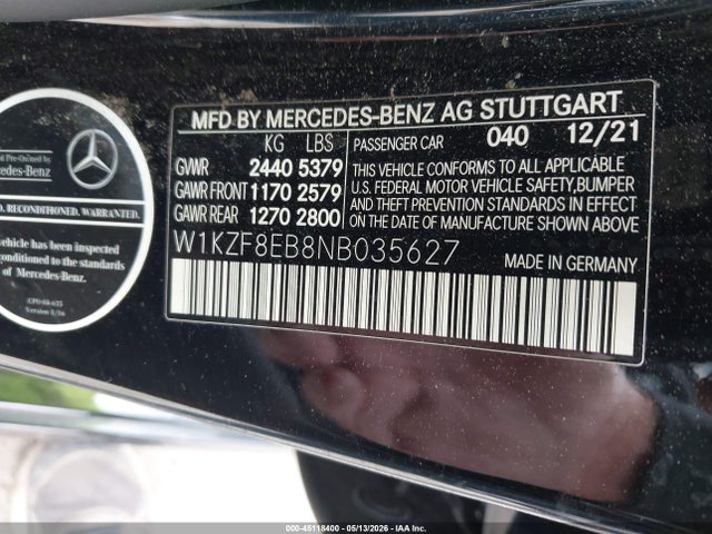 Aukcja sprzedaży 2022 Mercedes-benz E 350 4matic, vin: W1KZF8EB8NB035627, numer aukcji: 45118400