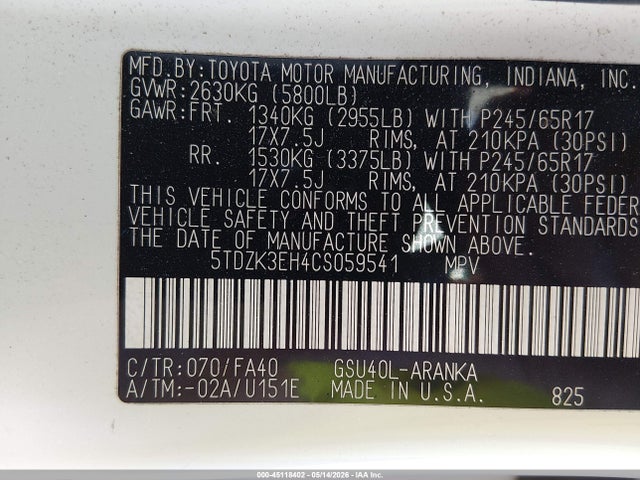 2012 Toyota Highlander Base V6 მანქანა იყიდება აუქციონზე, vin: 5TDZK3EH4CS059541, აუქციონის ნომერი: 45118402