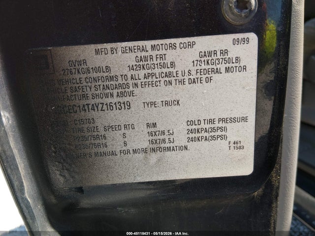 45118431 :رقم المزاد ، 1GCEC14T4YZ161319 vin ، 2000 Chevrolet Silverado 1500 Ls مزاد بيع
