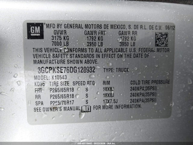 2013 Chevrolet Silverado 1500 Lt მანქანა იყიდება აუქციონზე, vin: 3GCPKSE76DG120932, აუქციონის ნომერი: 45118442