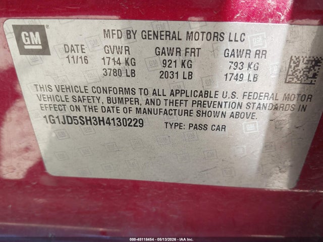 Aukcja sprzedaży 2017 Chevrolet Sonic Lt Auto, vin: 1G1JD5SH3H4130229, numer aukcji: 45118454