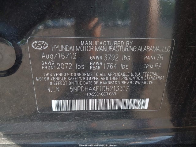 2013 Hyundai Elantra Gls მანქანა იყიდება აუქციონზე, vin: 5NPDH4AE1DH213317, აუქციონის ნომერი: 45118455