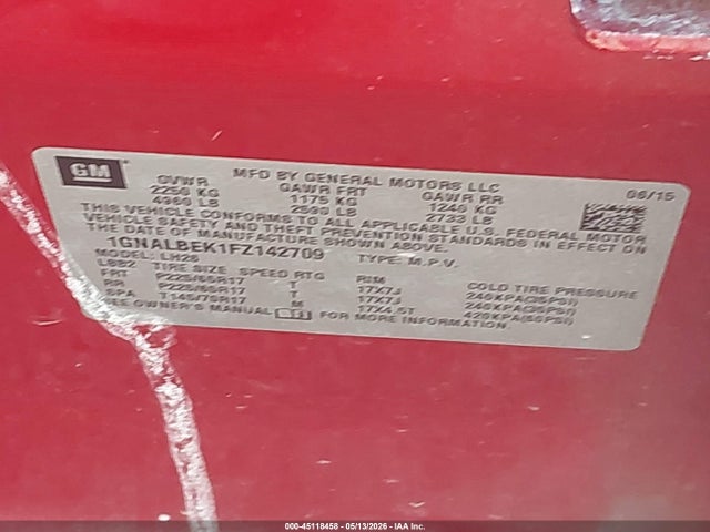 2015 Chevrolet Equinox 1lt მანქანა იყიდება აუქციონზე, vin: 1GNALBEK1FZ142709, აუქციონის ნომერი: 45118458