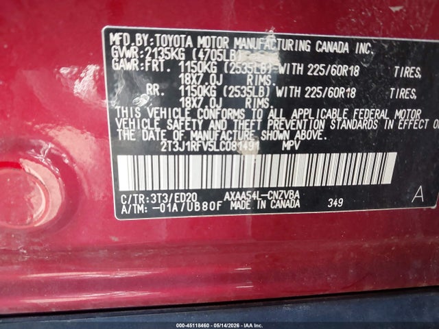 45118460 :رقم المزاد ، 2T3J1RFV5LC081491 vin ، 2020 Toyota Rav4 Trd Off-road مزاد بيع