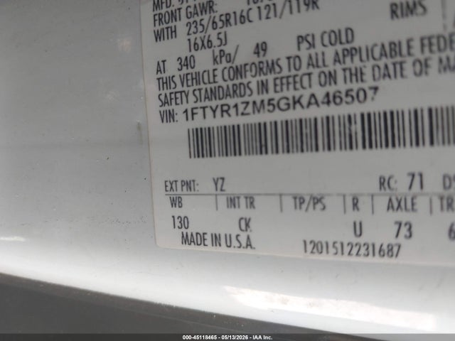 Aukcja sprzedaży 2016 Ford Transit-250, vin: 1FTYR1ZM5GKA46507, numer aukcji: 45118465
