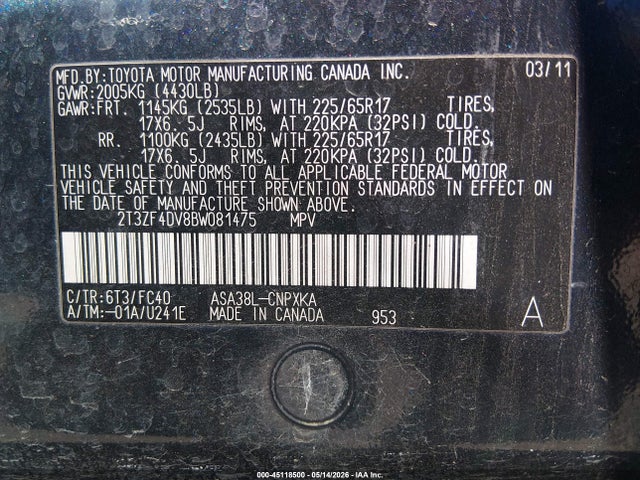 45118500 :رقم المزاد ، 2T3ZF4DV8BW081475 vin ، 2011 Toyota Rav4 مزاد بيع