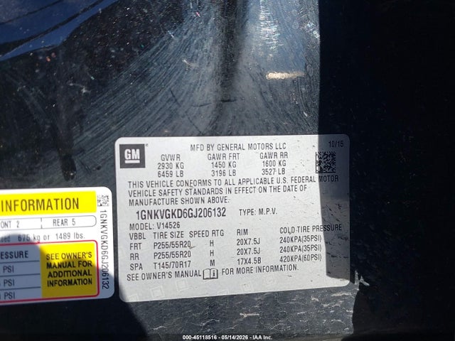 45118516 :رقم المزاد ، 1GNKVGKD6GJ206132 vin ، 2016 Chevrolet Traverse 1lt مزاد بيع