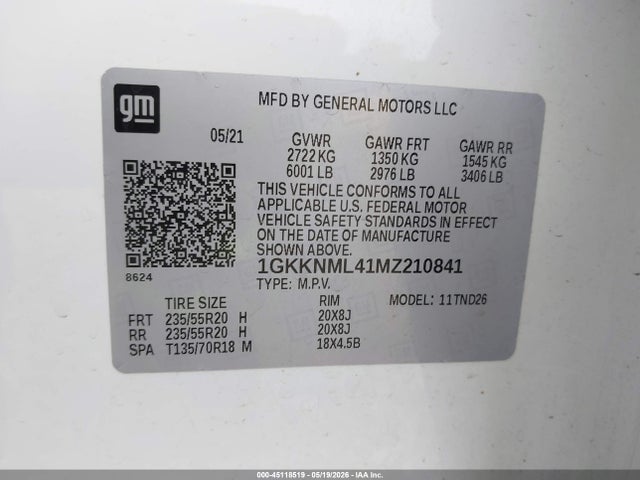 Aukcja sprzedaży 2021 Gmc Acadia Fwd Slt, vin: 1GKKNML41MZ210841, numer aukcji: 45118519