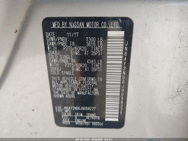Продажа на аукционе авто 2018 Nissan Armada Sl, vin: JN8AY2ND0J9058227, номер лота: 45118520