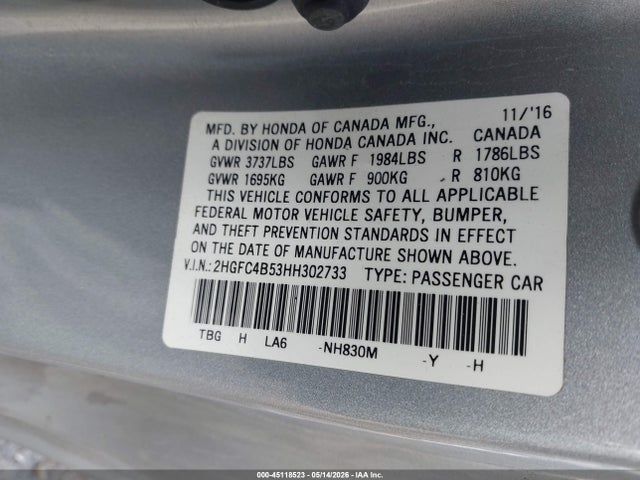 Honda Civic Lx 2017 2HGFC4B53HH302733 Image 9