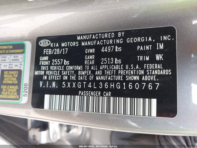 45118525 :رقم المزاد ، 5XXGT4L36HG160767 vin ، 2017 Kia Optima Lx مزاد بيع