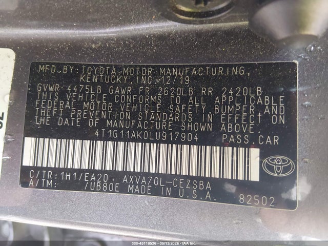 Aukcja sprzedaży 2020 Toyota Camry Se, vin: 4T1G11AK0LU917904, numer aukcji: 45118526