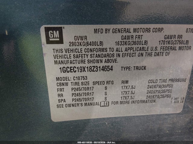 Продажа на аукционе авто 2008 Chevrolet Silverado 1500 Work Truck, vin: 1GCEC19X18Z314654, номер лота: 45118530
